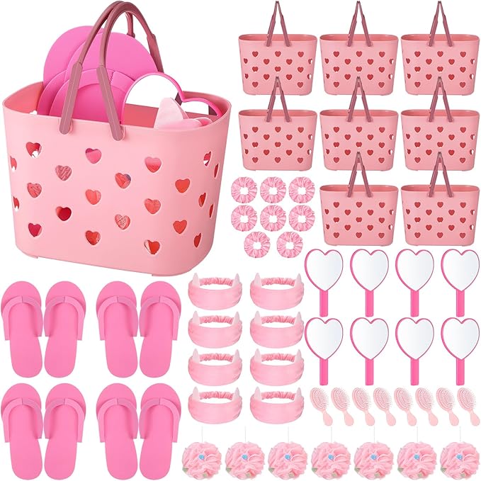 Pickmesh 8 Sets Spa Party Supplies Sleepover party with Pink Basket Heart Mirror Headband Satin Hair Scrunchies Hair Brush Loofah Disposable Slipper for Birthday Gift