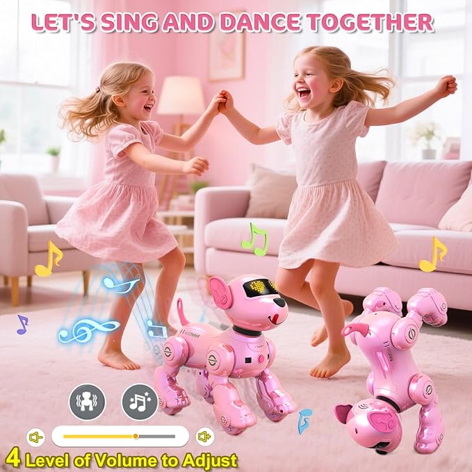 VATOS New Kids Remote Control Robot Dog, 17 Fun Interactive Functions Intelligent Programmable Kids Robotic Puppy with 2 Batteries, Singing Dancing Walking Robot Dog Toy for Girls 3-8 Years Old, Pink