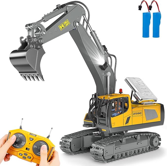 Remote Control Excavator Toy RC Play Excavator Construction Vehicles, 11CH 2.4Ghz RC Sand Digger with Metal Shovel & Light, Construction Truck Toys for Boys 3 4 5 6 7 8-12 Year Old Kids Birthday Gifts