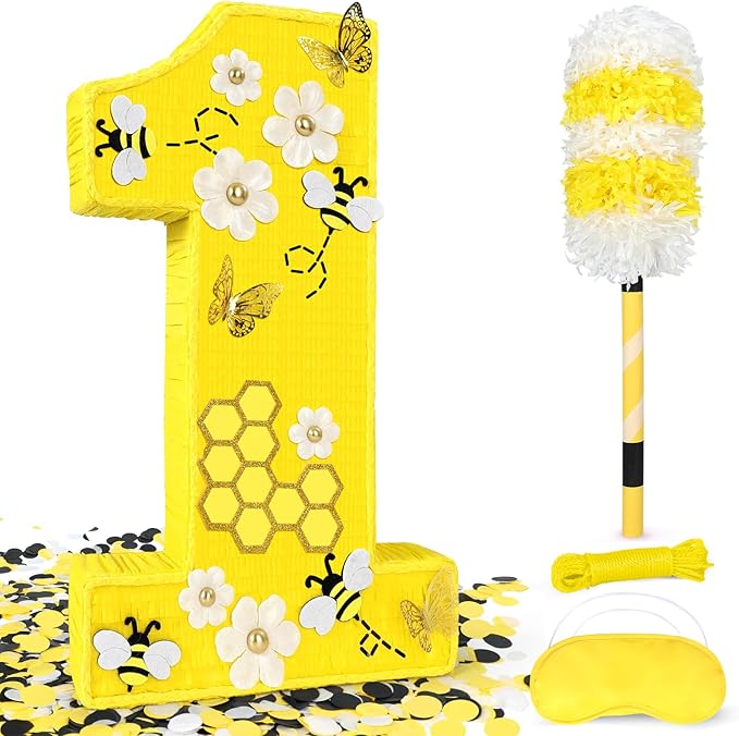 25" Large Number 1 Pinata - Includes 24" Bat Stick, Eye Mask, Rope | Queen Bee Pinatas with Butterfly, Daisy, Bumblebee Themed Party Supplies and Decorations, Kids First Birthday Party Décor