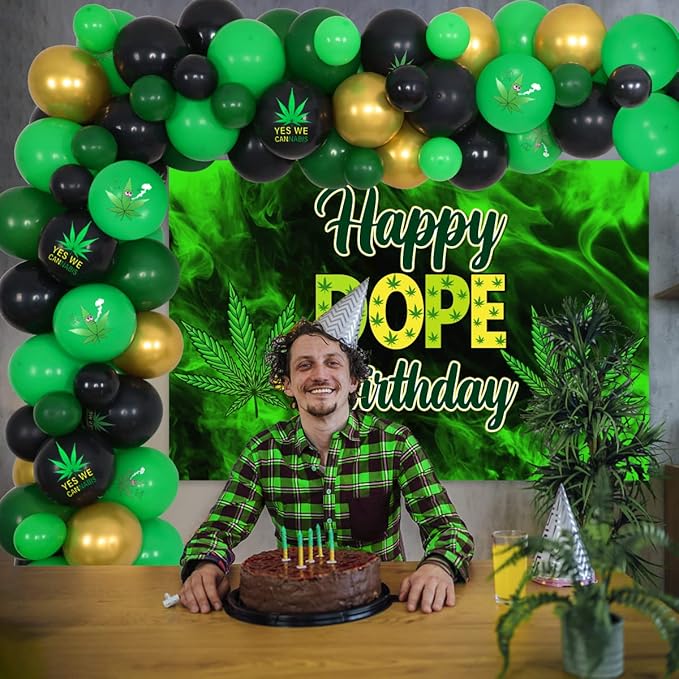Sursurprise Weed Birthday Party Decorations for Adults, Marijuana Balloon Garland Arch Kit with Happy Dope Birthday Backdrop for Men or Women 420 Pot Leaf Bday Party Supplies