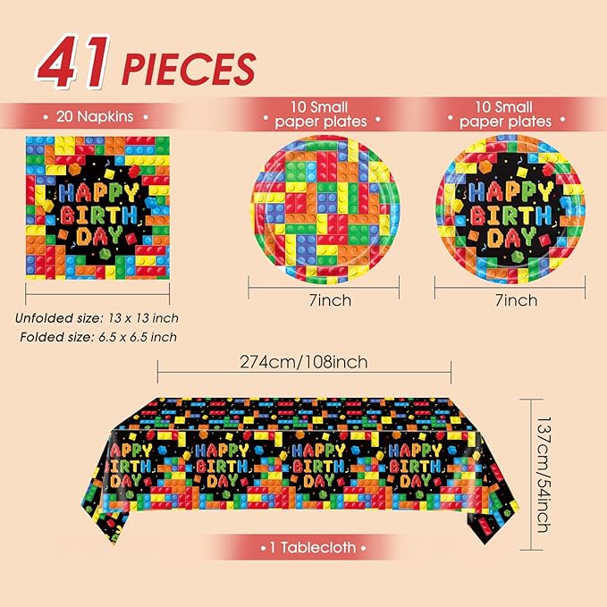 41 PCS Building Block Party Supplies,Colorful Paper Plates and Napkins with Building Block Disposable Plastic Table Cover for Happy Building Blocks Themed Birthday,Building Blocks Party ,Serves 20