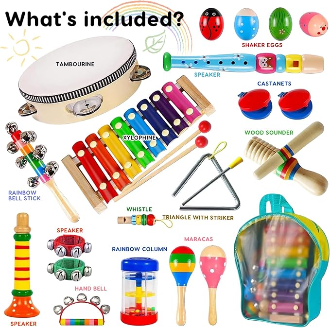 Kids Musical Instruments, INLAIER Toddler Wooden Percussion Instruments Tambourine Xylophone Toys for Kids Children, Preschool Education Early Learning Musical Toy for Boys and Girls with Storage Bag