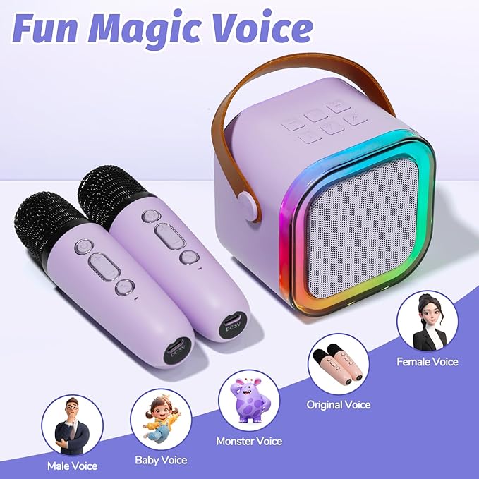 Mini Karaoke Machine for Kids, Portable Karaoke Speaker with 2 Wireless Microphones,Voice Effects,LED Lights, Singing Machine for Girl, Ages 3,4,5,6,7,8,9,10,11,12+ Years Old Birthday Gift(Purple)