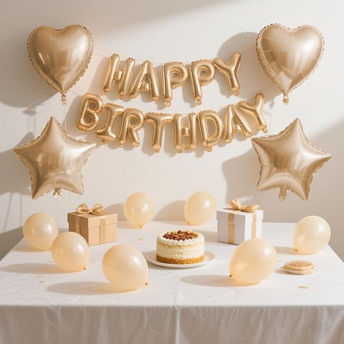 27 Pcs Champagne Gold Birthday Decorations, 3D Letters Champagne Gold Happy Birthday Balloon Banner, Pentagram Heart Foil Balloons Confetti Balloons Kit For Boys Girls Party Supplies