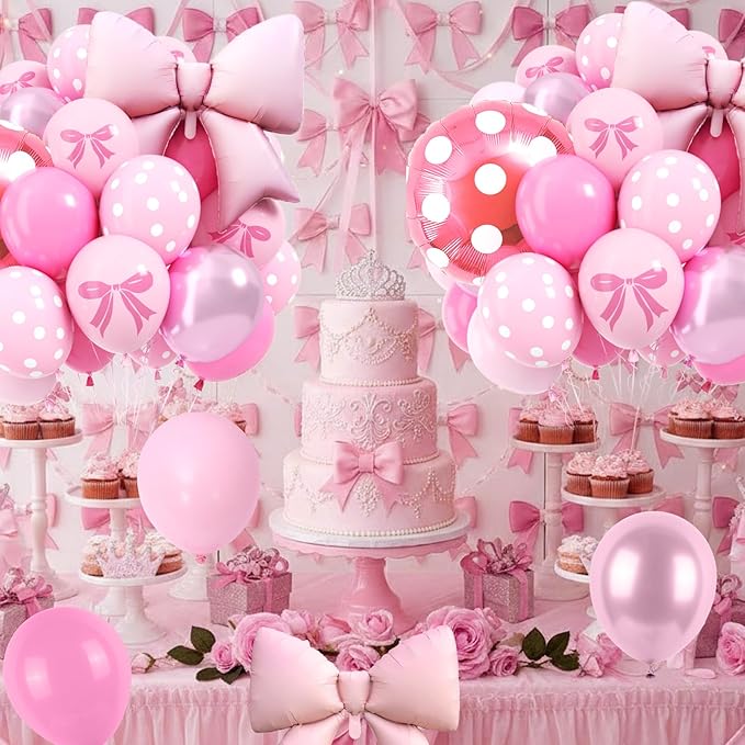 Pink Bow Balloons, 12 Inch Mouse Balloon with Hot Pink Rose Polka Dots Bow Foil Balloon Print Latex Balloons for Mouse Theme Bow's Birthday Party Decoration