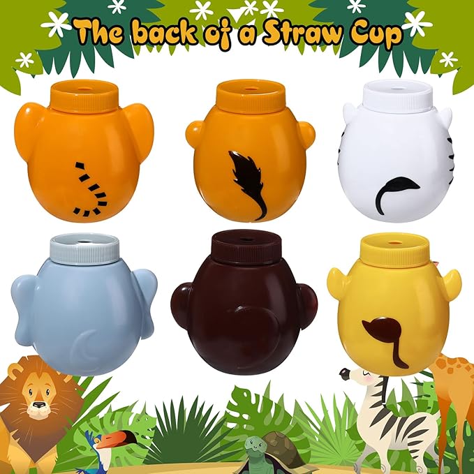 Hoolerry 24 Sets Zoo Animal Cups with Straws and Lids, 10 oz Plastic Reusable Safari Jungle Animal Theme Kids Cups for Safari Birthday Party Supplies