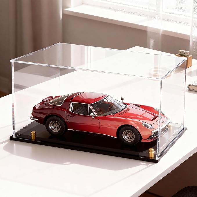 Acrylic Display Case for Collectibles, Dustproof Acrylic Box with Clear Display Elevation & Gold Risers, Large Display Case for Figures Toys Memorabilia, 13" L x 6.7" W x 7.5" H