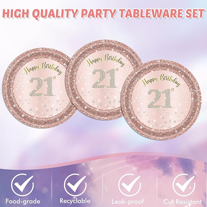 21st Birthday Decorations for Her,41Pcs Awesome Since 2005 Birthday Tableware Kit Party Supplies-Rose Gold 21 Years Old Disposable Paper Plates and Napkins,Tablecloth Set For Sweet Girls Women Party