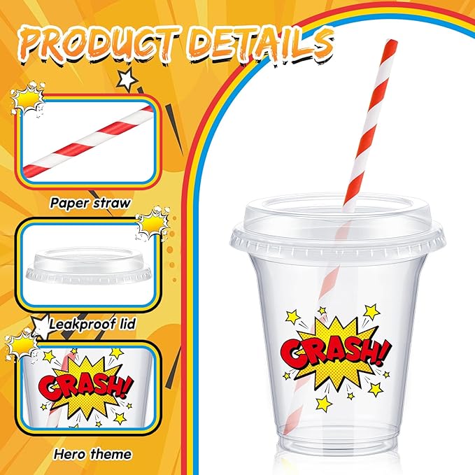Boao 36 Sets Hero Party Cups with Lids and Paper Straws 14 oz Hero Birthday Party Supplies Favors Disposable Clear Plastic Cups Bulk