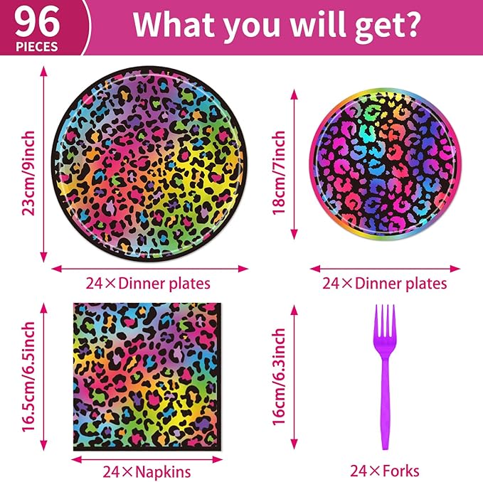 96Pcs Cheetah Print Birthday Party Decorations, Neon Rainbow Leopard Themed Party Supplies Tableware Set Include Paper Plates, Napkins, Forks, Serves 24 Guests