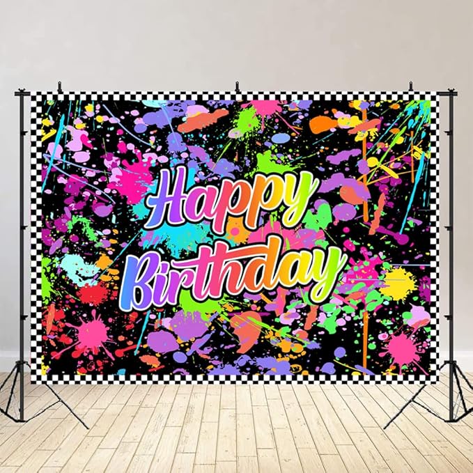 Lofaris Neno Glow in The Dark Birthday Party Photography Backdrops Colorful Graffiti Splash Paint Background Slime Happy Birthday Black Light Sleppover Party Banner Decor for Kids Birthday Supplies