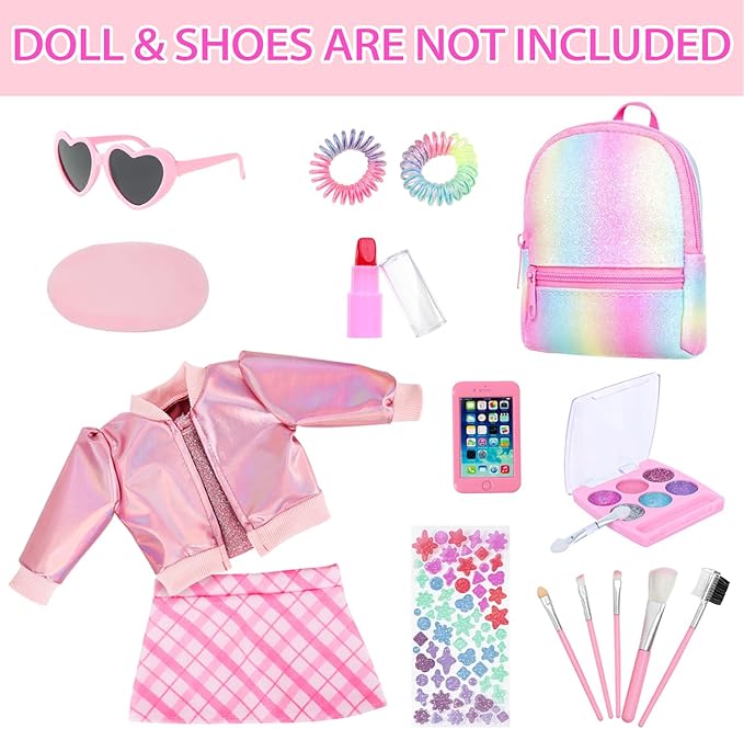Ecore Fun 17 Pcs American 18 Inch Doll Accessories Cosmetic Set with Backpack & Outfits | Pretend Play Makeup Kit for 18" Dolls | Includes Lipstick, Eyeshadow, Brushes, Accessories & Stylish Clothes