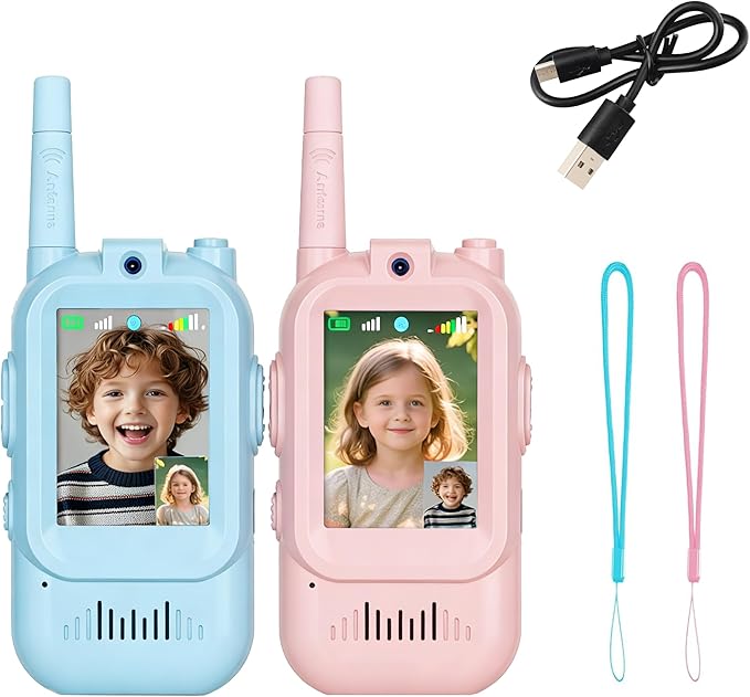 Video Walkie Talkies for Kids, Long Range Rechargeable Kids Walkie Talkies with Camera & Screen, 4 Voice Changer Real-Time Video Calls Toys, Birthday Gifts for Boys Girls Ages 3-12 (Blue+Pink)