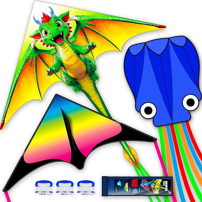 3 Piece Set Butterfly Delta Octopus Kites for Kids and Adults，Easy to Fly for Outdoor Adults Children Line Kite for Kids Toy (Green Dragon+ Delta+Octopus Blue, 3)