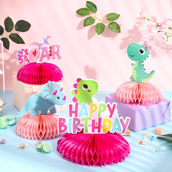 Pink Dinosaur Honeycomb Centerpieces, Little Dinosaur Three Rex Roar Birthday Table Toppers Decorations for Girl’s T-Rex Themed 3rd Birthday Party Supplies