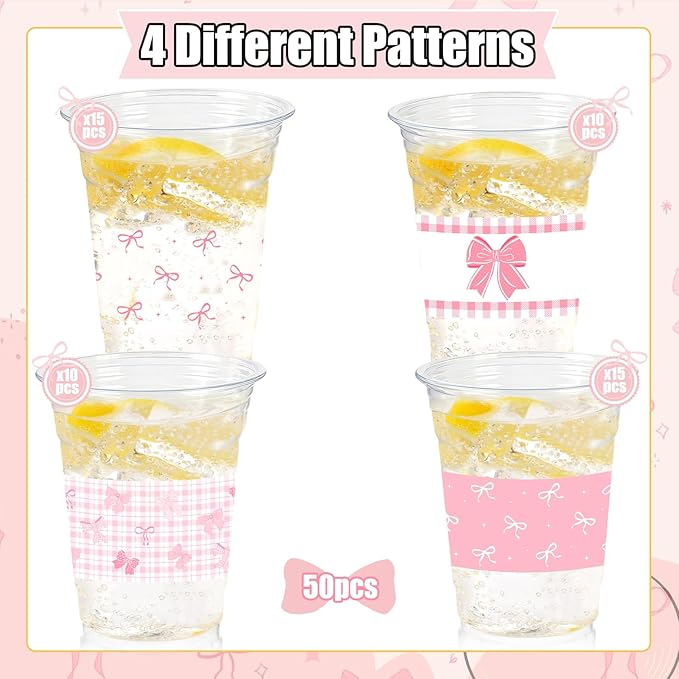 50 Pcs Pink Bow Birthday Decoration Cups,16 oz Coquette Plastic Disposable Drinking Cups for Wedding Birthday Bridal Baby Shower Party Supplies