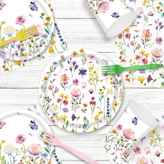 120Pcs Wildflower Plates Napkins Flower Birthday Party Supplies Floral Baby Shower Decorations Watercolor Colorful Cups Forks Spring Paper Disposable Tableware Set for 24 Guests