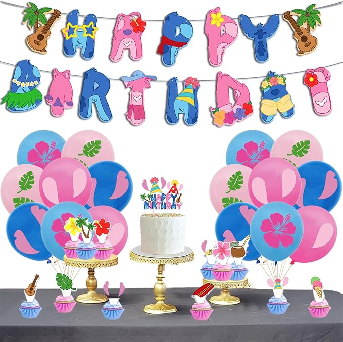Cartoon Party Decorations, Blue Luau Birthday Banners, Palm Leaves Balloons,Cake Toppers