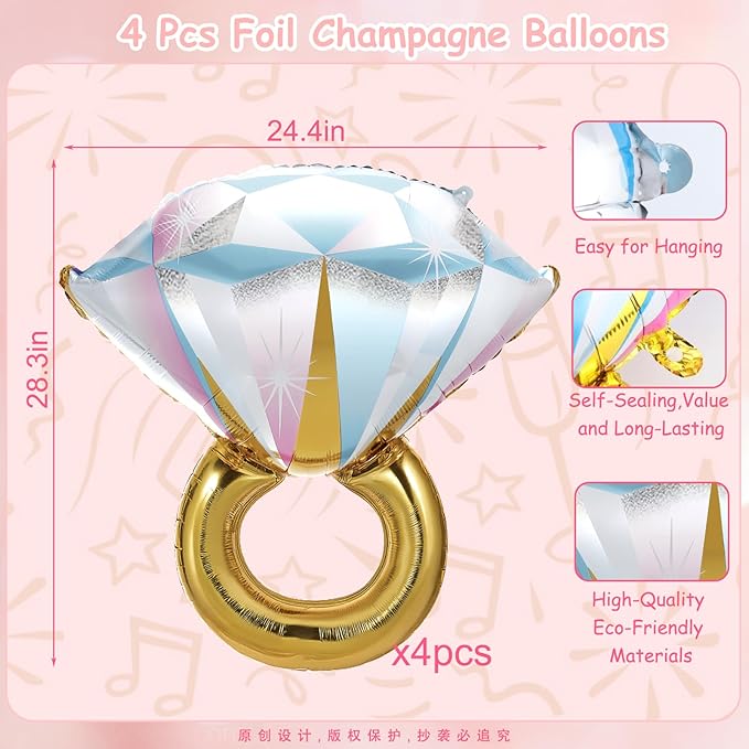 4 Pcs Diamond Ring Balloon, Huge Glitter Aluminum Foil Ring Balloons for Bridal Shower, Wedding, Anniversary, Bachelorette, Engagement Party Decorations Supplies