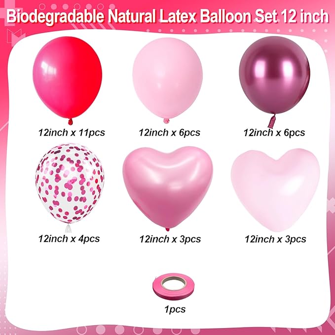 Pink Balloons, 12 Inch Metallic Hot Pink Chrome Magenta Heart Balloons Birthday Party Decorations, Baby Confetti Balloon for Valentines Day Girls Happy Birthday Decoration Princess Party