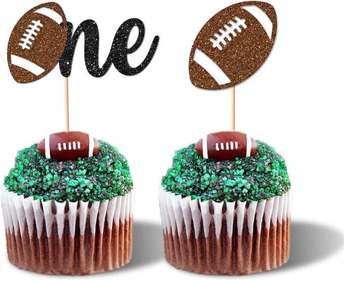 24PC Football 1st Birthday Cupcake Toppers for Baby Boy,Glitter Sports Football One Cupcake Toppers for First Down Birthday Party Decorations Supplies