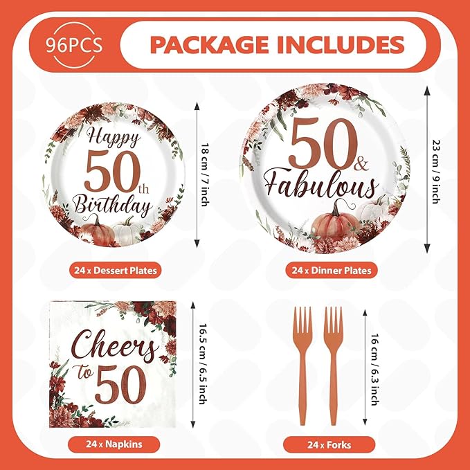 Grencian 96Pcs Fall Burgundy Floral 50th Birthday Party Decorations 50th Fabulous Plates and Napkins Cheers to 50 Tableware for Women 50 Years Old Birthday Party Decorations Serves 24
