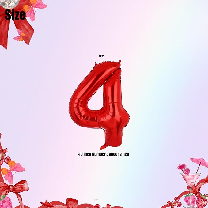 40 Inch 4 Red Number Balloons Mylar Foil Helium Digital Balloons Baby Shower 4st Birthday Party Decor Supplies