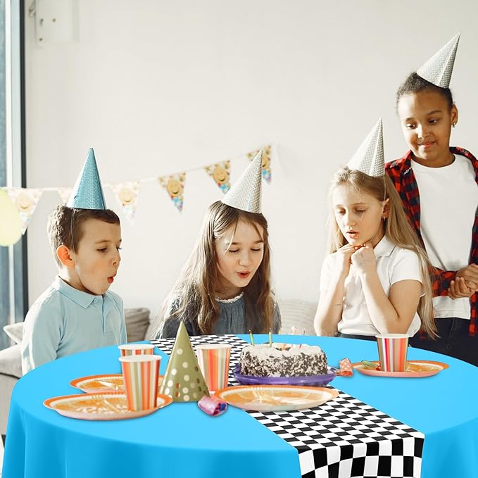 Oudain 3 Pcs Cars Birthday Party Supplies Racing Party Decorations Round Racing Tablecloth Checkered Flag Table Covers Road Plastic Table Cloth, 1950s Disco Dancing Party Tablecloth (Light Blue)