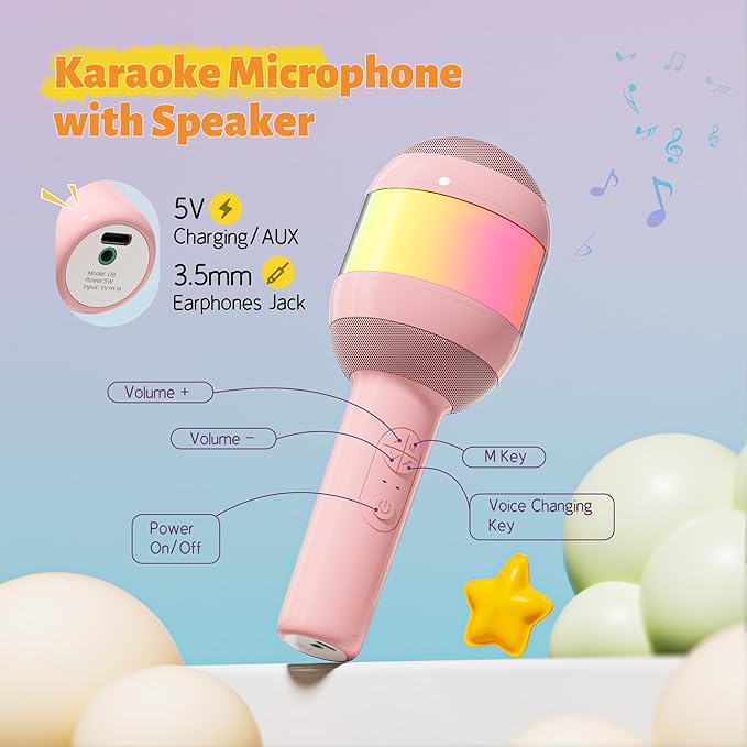 Karaoke Machine for Kids Adults, Portable Bluetooth Microphone Song Toys with LED Light, Best Chritmas Birthday Festival Party Gift for 3 4 5 6 7 8 9 10 11 12+ Year Old Girls Boys (Pink)