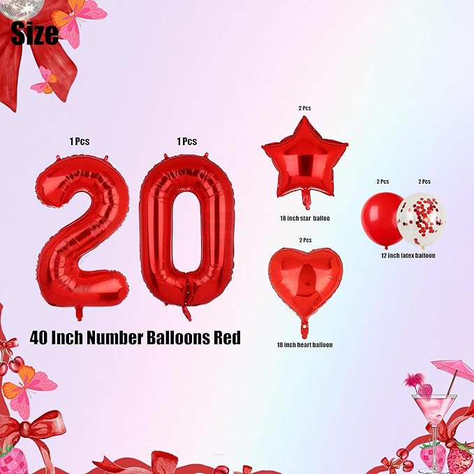 40 Inch Red Number Balloons 20 Mylar Foil Helium Digital Balloon 20th Anniversary Event Celebration 20th Birthday Party Decor Supplies 10 Pcs