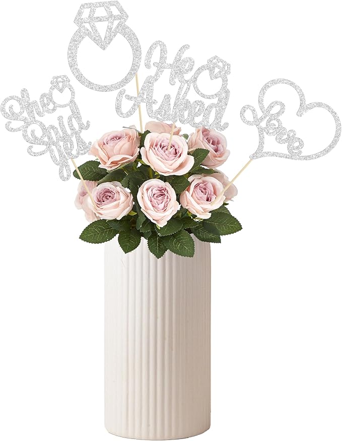 Gyufise 12Pcs He Asked She Said Yes Centerpiece Sticks Double Sided Love Heart I Do Ring Table Centerpiece Sticks for Wedding Engagement Bridal Theme Party Supplies Silver