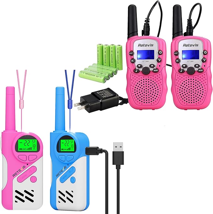 Retevis RT388 Walkie Talkies Rechargeable, 2 Way Radio Long Range, Girs Toys for 6-12 Year Old 2 pcs Bundle with EZTalk 70 Rechargeable Walkie Talkies for Kids, Safety Mode, Birthday Gifts 2 Pcs