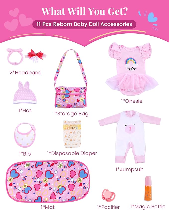 BABESIDE 11 PCS Reborn Baby Doll Clothes and Playset for 17-22 Inch Baby Doll Girl Outfits Accessories with Nursing Pad and Storage Bag, Pink