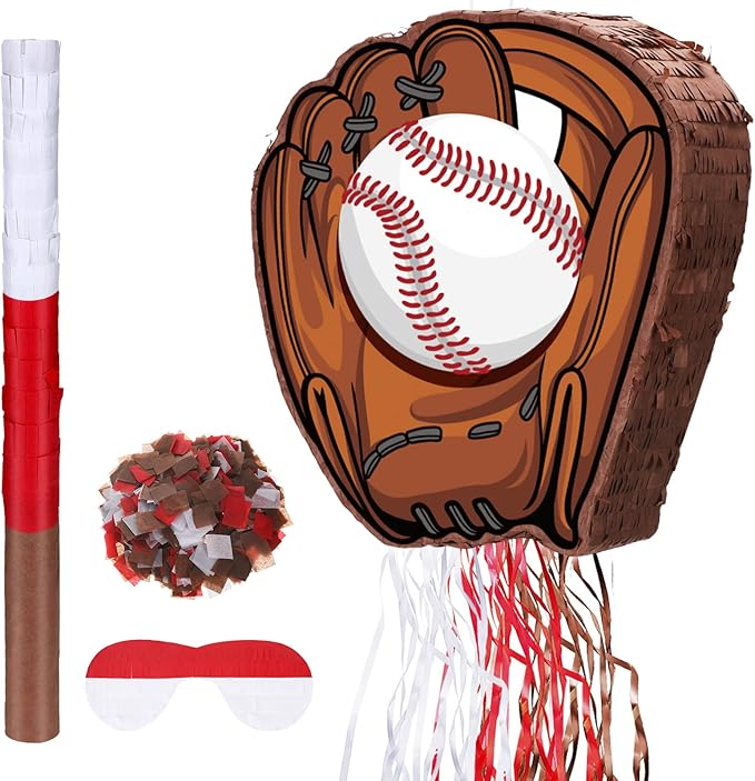 Baseball Piñata with Blindfold Bat for Birthday Party Softball Paper Piñata Sports Balls Confetti Baseball Party Supplies for Birthday Party Decorations 13.19 x 13.19 x 3 Inch(Cool)