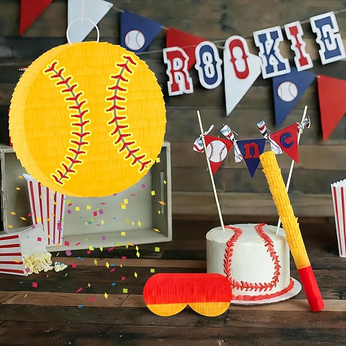 Hooqict Softball Pinata with Blindfold and Bat Stick Softball Birthday Party Decorations for Sports Day Party Supplies School Classroom Activities