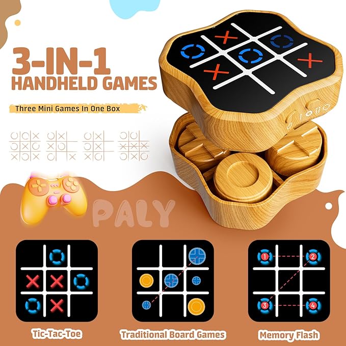 Tic Tac Toe Game, 3-in-1 Electronic Handheld Games Console for Kids Memory Growth, Portable Puzzle Travel Games,Board Game for Kids and Adults, Christmas and Birthday Gifts for All Ages 3+