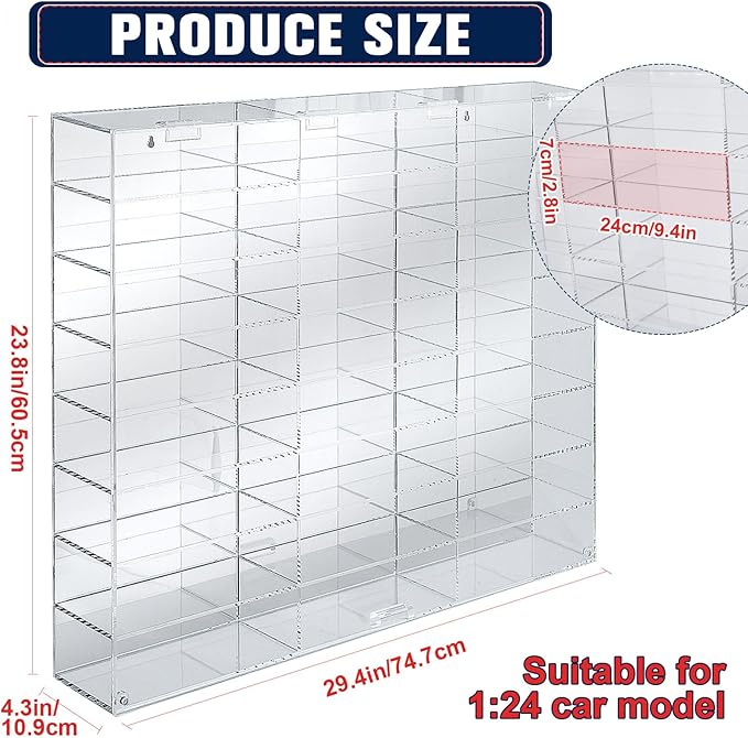 Juexica Clear Acrylic Toy Car Display Case 1: 24 Scale Diecast Display Box Wall Mounted Shelf for Storage Toy Car Mini Model Race(24 Grids)