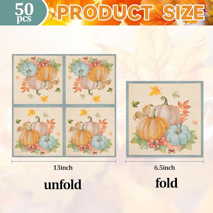 50PCS Fall Pumpkins Paper Napkins - 13 x 13 Inches Maple Leaf Luncheon Napkins Disposable Autumn Theme Decorations for Autumn Harvest Thanksgiving Dinner Party Supplies