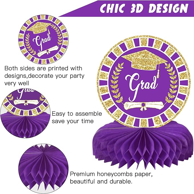 10PCS Graduation Party Decorations Class of 2026 Congrats Grad Table Centerpieces Congratulate Graduation Honeycomb Table Toppers for Graduation Party Supplies(Pueple Gold)