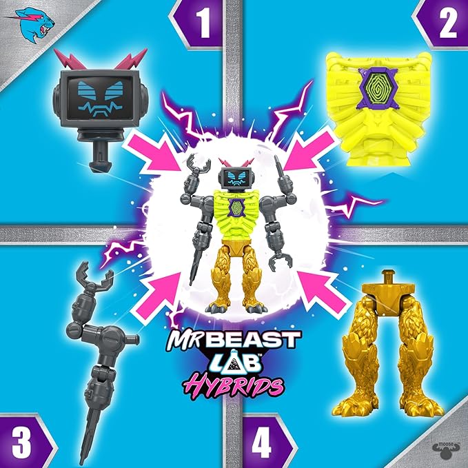 MrBeast Lab Hybrids Multi Pack, Reveal Different Hybrid Parts to Create 2 Mix & Match Action Figures, Plus Parts of The Golden Panther Dragon, Fuse Beast Combinations, Lab-Bot vs GID Skeleton