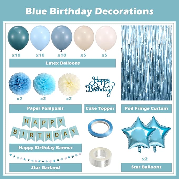 Blue Birthday Decorations for Women, Happy Birthday Party Decorations, Happy Birthday Banner, Baby Blue Balloons, Foil Fringe Curtains, Tissue Paper Pompoms, Star Garland, Party Decor for Girls
