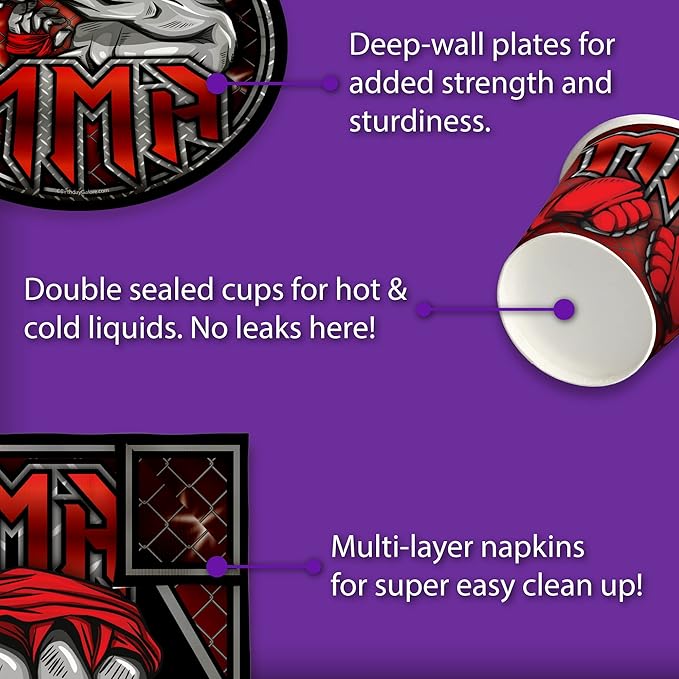 Birthday Galore Martial Arts MMA Birthday Party Supplies - Ultimate Boxer Champion Fighter Party Tableware Set - Red - Includes Plates Napkins Cups - Kit for 16