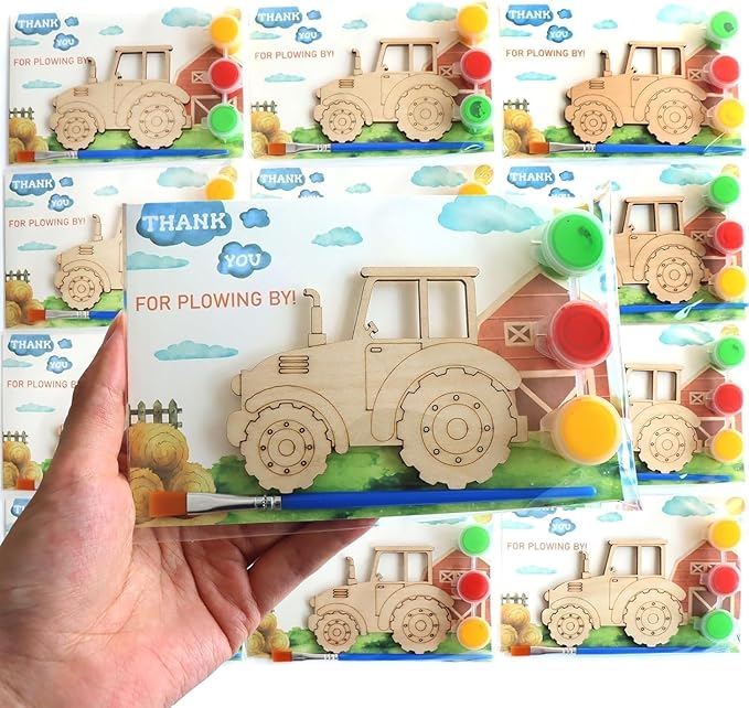 12 Pack Unassembled Tractor Party Favors, Wooden Tractor Cutouts with Magnets & Painting Kits for Kids, Farm Theme Birthday Crafts & Thank You Gifts