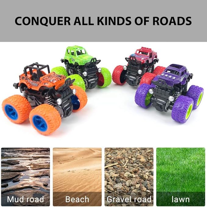 Monster Trucks for Boys, 4 Pack Pull Back Vehicles Cars for Toddlers, 360° Rotation 4 Wheels Drive Durable Friction Cars Powered Push and Go Toys Truck Playset Gift for 3 4 5 6 7 8 Year Old Kids Girls