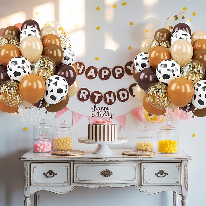 Brown Cow Balloons, 50 Pcs Cow Print Balloons, 12 Inch Dark Brown Coffee Nude Tan Neutral Gold Confetti Balloons Helium for Cowboy Cowgirl Birthday Baby Shower Farm Animal Western Party Decorations