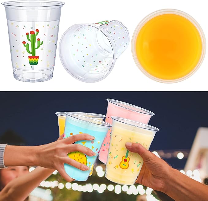 meekoo 200 Pcs 12 oz Fiesta Cup Plastic Mexican Cup Clear Disposable Margarita Glasses Cinco De Mayo Party Decorations for Tequila Birthday Party Drinkware Taco Supplies, 4 Style