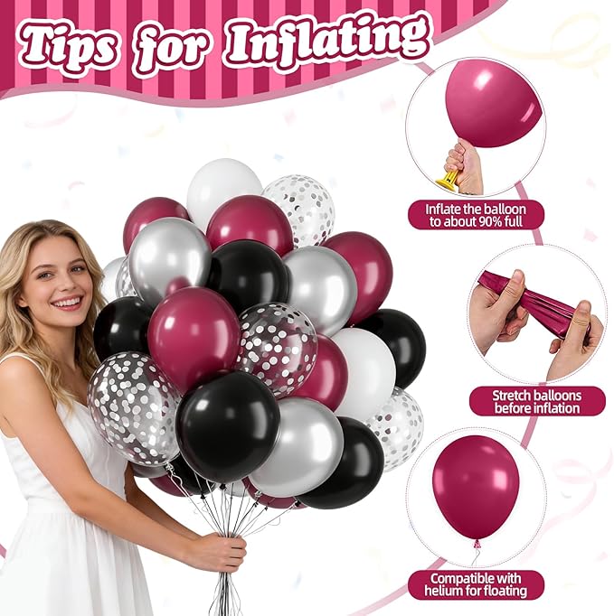 FunHot Maroon Balloons, 50 Pcs Burgundy Black Balloon, 12 Inch Burgundy Metallic Silver Confetti Latex Balloons for Birthday Wedding Baby Shower Bridal Shower Graduation Anniversary Party Decorations