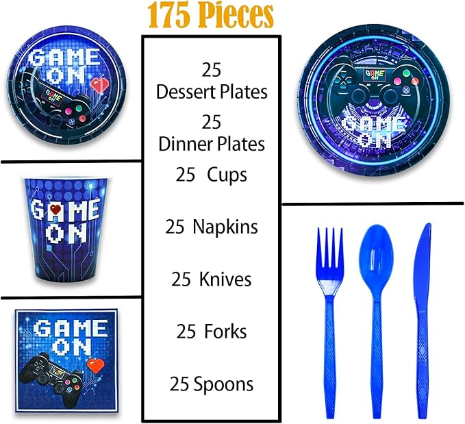 175 Pcs Video Game Party Supplies Set Paper Plates Napkins Cups Forks Knives and spoons serve for 25 Guests Game Birthday Party