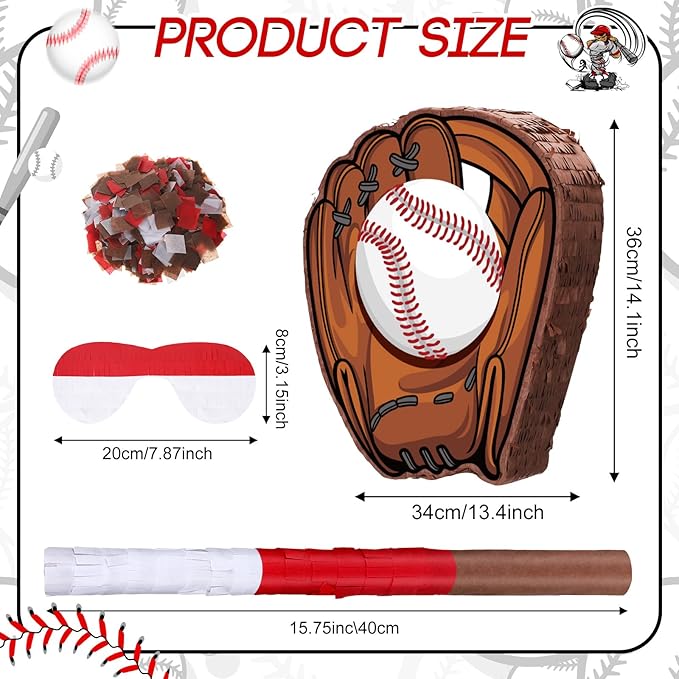 Baseball Piñata with Blindfold Bat for Birthday Party Softball Paper Piñata Sports Balls Confetti Baseball Party Supplies for Birthday Party Decorations 13.19 x 13.19 x 3 Inch(Cool)